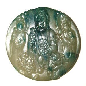 Vintage Hand Carved Double Sided Green Jade Buddha & Guan Yin Amulet Pendant
